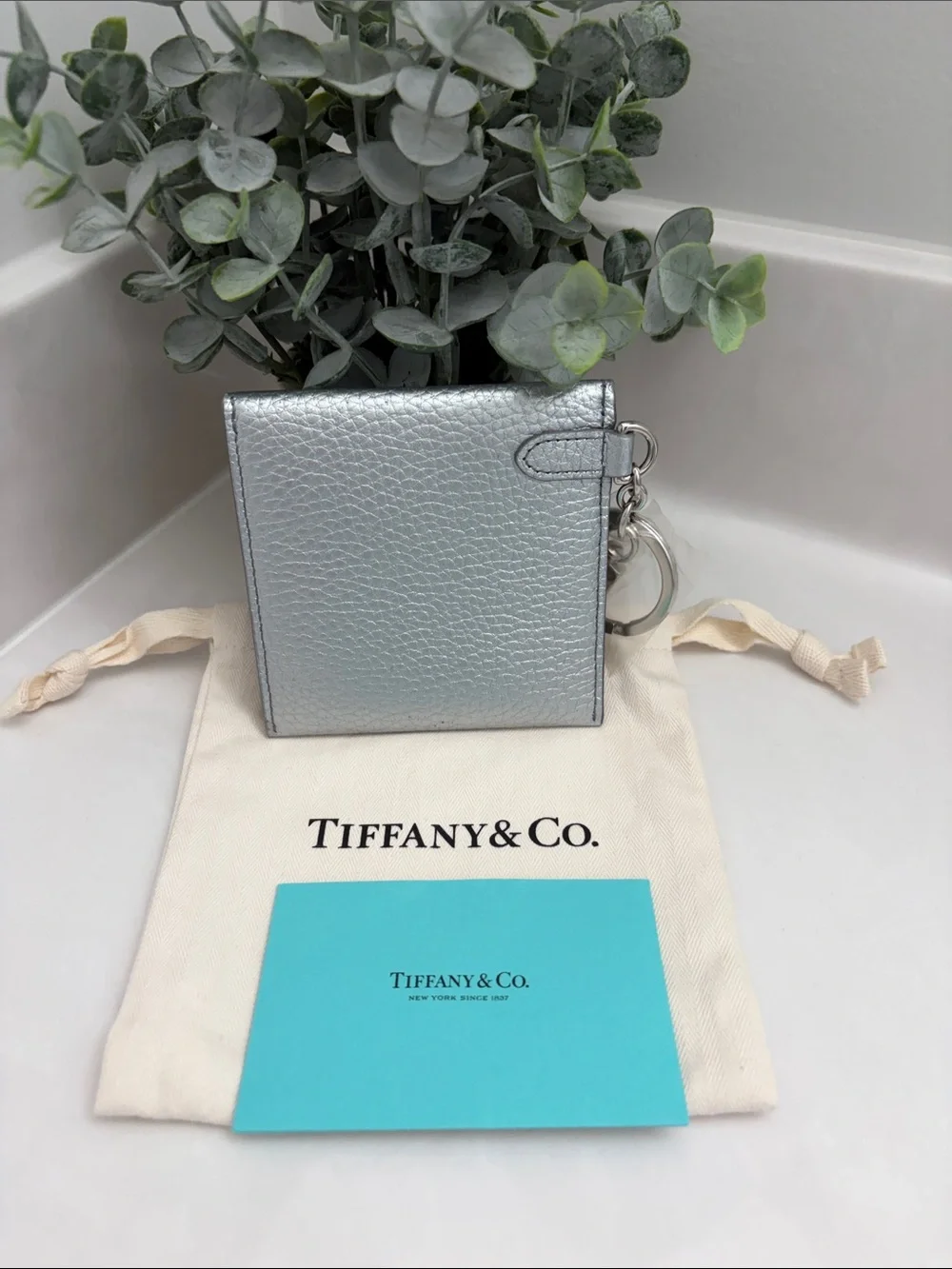 Tiffany & Co. Silver Metallic Pebbled Leather Heart Card Pouch with Keyring